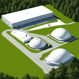 Draw a plan of a company with 6 domes and 4 warehouses that includes a nursery. Minimalist modern architecture, concept art, 8k