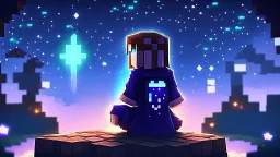 Minecraft Character, minecraft theme, purple starry sky, meditating, aesthetic, facing back, wearing gown, chinese theme, video game style