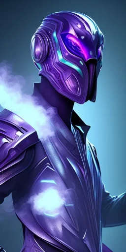 purple galaxy masked super villain, weapons in hands, teal and purple smoke, full portrait, hyper realistic, 4k