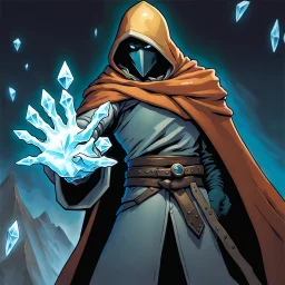 fantasy 90's tcg art hooded figure man with ice powers holding out hand