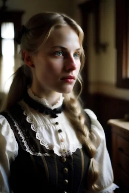 Photo is in sharp focus with high resolution during the middle of day and is a photo of a beautiful and slender caucasian 19 year old woman with long blonde hair. She has a small upturned nose, full lips, and dark eyes with long eyelashes. She is wearing a victorian maid's uniform. She is in a bedroom of a victorian house gazing at the viewer.