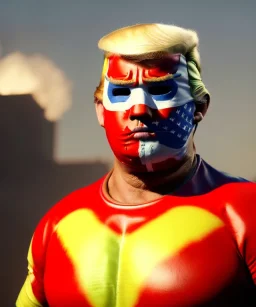 Realistic image of Donald trump wrestler, Mexican wrestling style, Mexican wrestling mask, chin and nose visibles, red and blue breeches, glow us flag dress, suspenders, retro style, 80s, vibrant color, highly detailed, sky background, concept art, unreal engine 5, god rays, ray tracing, RTX, lumen lighting, ultra detail, volumetric lighting, 3d, finely drawn, high definition, high resolution.