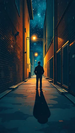 (masterpiece), best quality, Lonely man standing in an alleyway, hands in pockets, looking at the night sky, GHIBSKY style, night beautiful weather