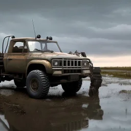 hyperrealistic shot, muddy military toy truck, monotone color palette, sharp focus, puddle reflection, tire water splash, refraction, mist on the horizon, shadowcast, detailed and intricate, cinematic composition, micro, tilt shift photography