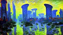 Fantasy cyberpunk world, claude monet painting