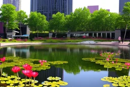 Modern city, people, pond, flowers