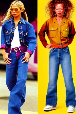 year 1996 denim fashion. Loose fit, low waist, baggy. Colors: denim blue, blue, purple, khaki, light green, lilac, plum, orange, terracotta, red, light yellow, lion yellow, pink, dark blue, beige. Women models. Jennifer Lopez, Kate Moss, Gwyneth Paltrow. Big tennis shoes on.