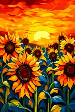 Pintura abstrata de girassóis no por do sol