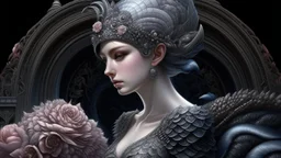 Beautiful bioluminescense black and silver humanoid lady snail textured detailed lace ornate house portrait, adorned with white and pink flower dust, pink rose and black rose silver dust beads, wearing diadem headress, wearing Renaissance costume, organic bio spinal ribbed detail of Renaissance textured bioluminescense watery floral silver floral dust creative background maximálist hyperrealistic concept art
