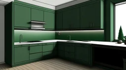 kitchen with dark green furniture, forest wallpaper on a white wall, on the left side next to the window there is a microwave and oven installed in the furniture, and on the right side 5 cm from the induction hob and a kitchen hood above it,