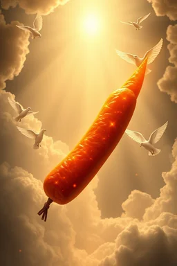 den heliga "bången" (long glowing meat sausage pointing out from jesus body) i himlen, guds röst ekar, flygande duvor sjunger, keruber dansar
