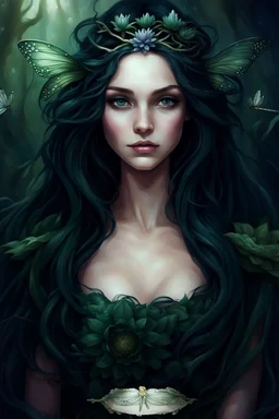 Dark green Water lilies Dark curls long hair Dark Fairy princess rapunzel hair queen crown dragonflies fireflies elven tiara flowers fairy wings saphire