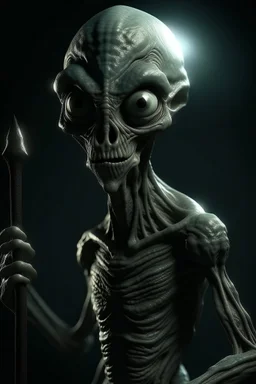 a horror alien holding with a bat on his shoulder with his scary eyes