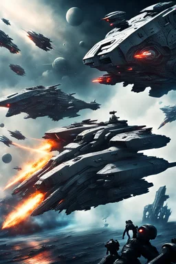 futuristic 4 space battleship fighting in brutal battlefield with 4 alien spacebattleship