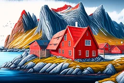 Drawing of the colorful nature of Lofoten Island in Norway, with a characteristic red houses, Ultra Realistic, ultra HD, Very detailed background