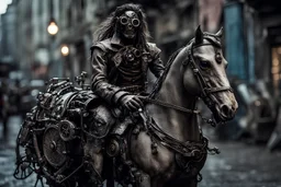 uber extreme silicone diorama of a grandiose and cinematic (grungy) photo in realistic colors of an (gears) ((robot on a horse)) dirty realistic metal with ethereal face and camera eyes, ragged clothes and big decorated hair, dynamic pose and expression, in the city ally of ancient tales