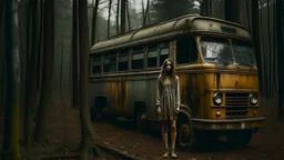 woman standing in front of a bus in the forest, in a post apocalyptic environment, tattered dress, dilapidated appearance