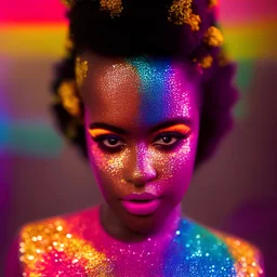 full body shot, masterpiece, best quality, family of three, dark skinned, sparkling eyes, fluorescent skin, colorful makeup, afro, highly detailed body, afrofuturism, scifi, sun light, 4K, RAW, depth of field, high contrast, realistic details, 24mm