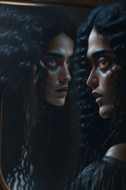 Close up of a beautiful woman with long curly black hair looking at a mirror but her reflection in the mirror is a dark demon with intense scary eyes. Super realistic, 8k high quality