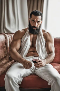 photorealistic half figure shot photography of an ugly 30 year old italian boxer with big broken nose, beefy masculine rude man, very long muslim black beard, shirtless, manly chest, big shoulders, side light, ambient occlusion, sitting on a sofa with bulging white pants, drinking red wine, sun from window, emotive expression, shaved hair