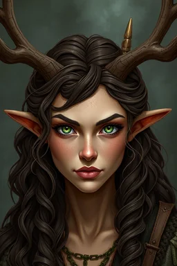 A female fantasy druid with antlers, olive toned skin, long brown curly hair, green eyes, Quirky face, Realistic style