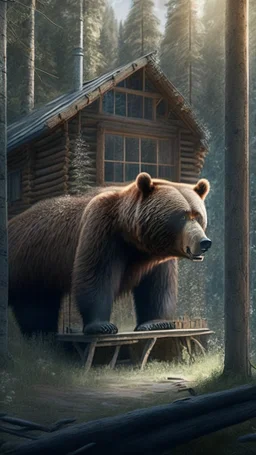 A cabin in the woods, a big brown bear, a movie scene, a more accurate picture hdr 3d