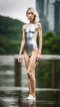 beautiful anorexic asian woman, total shot, shiny silver triathlon swimsuit, short blond wavy bob hair, blurred city background