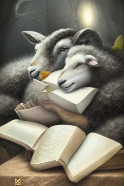 one black sheep reads a book on other site white sheep herd sleep