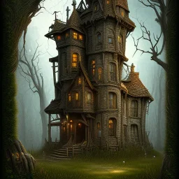 spooky crooked old house that looks like an ultra detailed ornat clock, dark fantasy