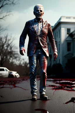 Ultra realistic image, joe biden zombie, zombie performance, blood, torn arm, night, walking twisted, waist up view, walking dead style, dark ambient, highly detailed, White House background, concept art, unreal engine 5, god rays, ray tracing, RTX, lumen lighting, ultra detail, volumetric lighting, 3d, finely drawn, high definition, high resolution.