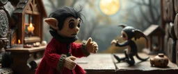 pin hole picture, miniatures on fake scene,master oil painting by Rembrandt, good afternoon disney bitch scary stone age vampire, close up on a stupid knitted doll trying to explain something weird