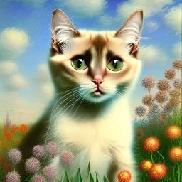 a ultradetailed adorable siamese cat, monet style, past atmosphere, perfect composition, 8k, super detailed, delicate flowers, complementary colours, intricate details
