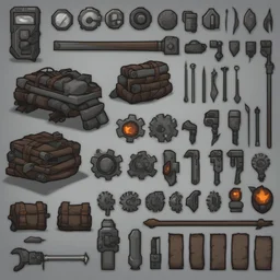 Sprite sheet, tools, gear, icons, survival game, gray background, comic book,