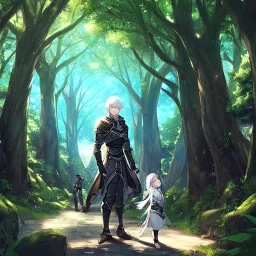 Girl with white hair. Boy with black hair wearing leather armor. Forest path