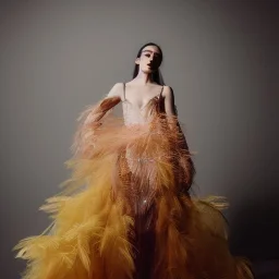 dress made out of feathers sequins and tulle, ethereal, heavenly, stunning colors, chiaroscuro, fashion photography, vogue, dramatic, beautiful lighting, delicate composition, aesthetic, ballerina, ballgown