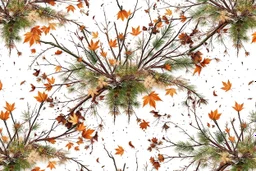 detailed Real Tree Camouflage made of bare bush branches, fir branches, dried maple leaves, snow and dirt, white background, seamless repeatable texture camo pattern, muted