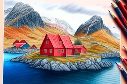 Colored pencil drawing, of the colorful nature of Lofoten Island in Norway, with a characteristic red houses, Ultra Realistic,