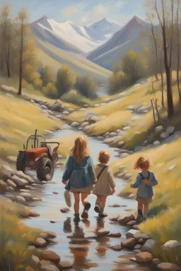 Spring in skåbu, sun, portrait of cute children walking in mountains by stream, horse, broken old tractor, prize winning oil painting