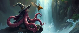 octopus bird witch bear by waterfall looks beyond really powerful, fantasy illustration