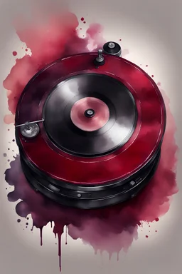 watercolor drawing burgundy and black old gothic turntable, Trending on Artstation, {creative commons}, fanart, AIart, {Woolitize}, by Charlie Bowater, Illustration, Color Grading, Filmic, Nikon D750, Brenizer Method, Side-View, Perspective, Depth of Field, Field of View, F/2.8, Lens Flare, Tonal Colors, 8K, Full-HD, ProPhoto RGB, Perfectionism, Rim Lighting, Natural Lighting, Soft Lighting, Accent Lighting, Diffraction Grading, With Imperfections
