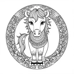 coloring page, mandala baby horse, happy, cute animals, full view, realistic, only draw lines, clean line art, –no sketch, color, –ar 3:4, white background, minimalistic black lines, minimal black color, low level black colors, coloring page, avoid thick black colors, thin black line art, avoid colors, perfect shape lines, perfect clear lines,