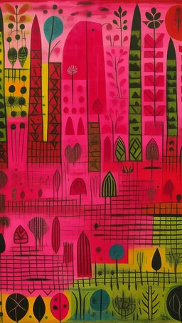 A magenta swamp designed in Kuna molas painted by Paul Klee