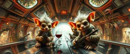 airbrush and pen outline, french art , extreme close up on cheeky fluffy weasel hairy goblin military troupe elf family on the open bridge cantina between two space stations overfilled with weird growing wines and plants that are reflective and translucent, in the style of Escher and Giger and Fallout 4, pinhole cam, airbrush 3d rendering