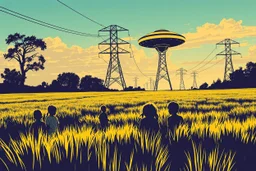 bumper sticker design in long rectangle, westall in bold heading text ufo 1966, lots of school children looking up in a field with high voltage powerline and gumtree's, mysterious cool, bold
