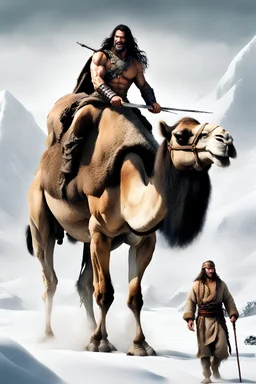 inspired by all the works of art in the world - laughing - Conan the Barbarian leads a Camel through the snow, full body image, Absolute Reality, Reality engine, Realistic stock photo 1080p, 32k UHD, Hyper realistic, photorealistic, well-shaped, perfect figure,