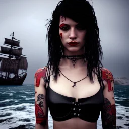 illustrator, hyper realistic, young spanish pirate girl, short hair.lips red smiling. tatoos on neck. dressed in leather and carved bra. Many pirate ships in background. black flags. high details, thunderstorm. 4k, unreal engine, misty, tintoretto