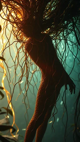 An Amazon jungle made of tangled, glowing threads and sharp, beautiful shards of glass, vulnerable and strong, surreal anatomy, emotional