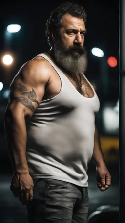 strong burly chubby turkish mechanic 44 years old, curly hair, wet, short white beard, manly chest, hairy, shirtless in bulging dirty white boxer and tank top, big shoulders, tattoo, big calves, barefeet, angry, photorealistic, side light, inside a dark parking lot at night, side neon light, photoRealistic, view from the ground