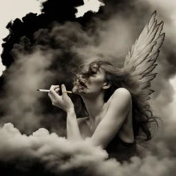 woman sitting forward Her face upward and blows cigarette smoke from their mouth upward. a figure with wings emerging from its back. behind the clouds of smoke look death. dark and mysterious