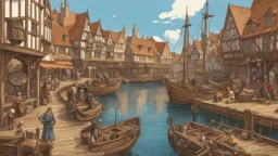 gothic medieval wooden harbour with piers and ships, people, shops, bridges, arches, balconies, taverns, blue sky